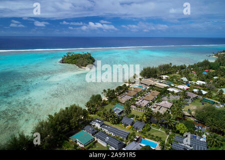 Taakoka Island, Muri Lagoon, and Nautilus Resort, Rarotonga, Cook Islands, South Pacific - drone aerial Stock Photo