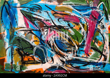 Abstract painting with vibrant colors, strong shapes and brushstrokes textures.