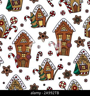 Christmas seamless pattern with gingerbread house, candy canes and lollipops. Hand drawn doodle style. Vector illustration. Isolated on white background. Perfect for wrapping paper, fabric print Stock Vector