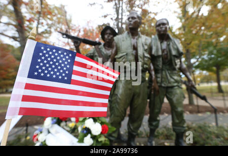 Washington, United States. 13th Nov, 2019. A small American flag attached to a wreath, blows in the breeze at the Vietnam Memorial, Tuesday, November 12, 2019 in Washington, DC. Photo by BIll Greenblatt/UPI Credit: UPI/Alamy Live News Stock Photo