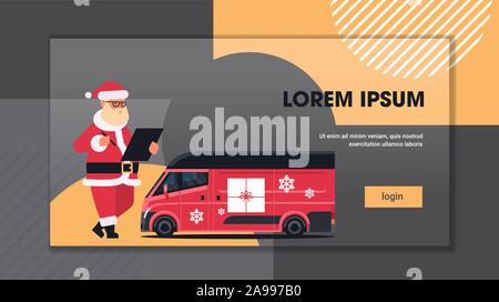 santa claus writing on clipboard near delivery van with gift boxes shipping transport for merry christmas happy new year winter holidays celebration concept horizontal copy space flat vector illustration Stock Vector