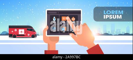 santa claus hands using tablet computer online mobile app merry christmas happy new year winter holidays celebration concept snowfall cityscape background horizontal flat vector illustration Stock Vector