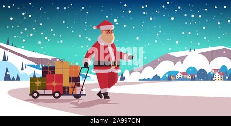 santa claus pulling trolley cart with gift present boxes merry christmas happy new year winter holidays celebration concept countryside landcape background horizontal flat vector illustration Stock Vector