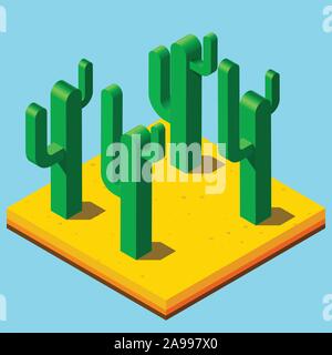 Cactus set in desert as isometric icons with flat colors Stock Vector
