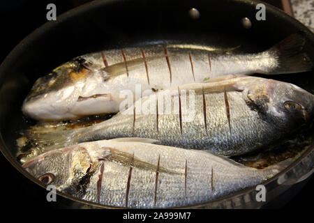 Three marinated gilthhead sea breams roast in a pan - tasty and healthy food lots with lots of omega - sparus aurata Stock Photo