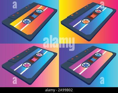 Compact cassette seamless pattern with floating or flying tape in perspective view Stock Vector
