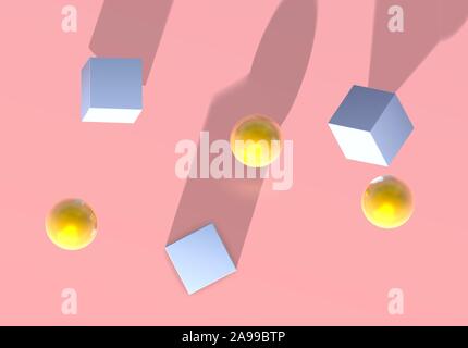 Abstract pink background with golden balls and blue cubes jumping in top view unusual perspective Stock Vector
