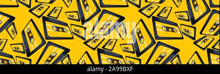 Compact cassette seamless pattern with floating or flying tape in perspective view Stock Vector