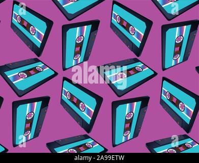 Compact cassette seamless pattern with floating or flying tape in perspective view Stock Vector