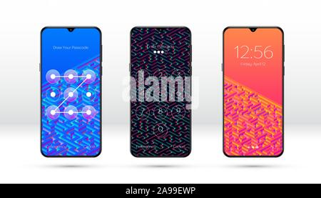 Smartphone lock screen background with abstract maze or labyrinth pattern and password entering options Stock Vector