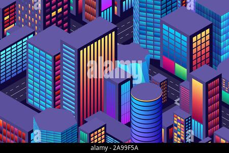 Background with city view with isometric perspective and vibrant neon colors Stock Vector