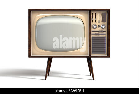 A concept vintage tv from the seventies made of plastic chrome and wood on an isolated white studio background - 3D render Stock Photo