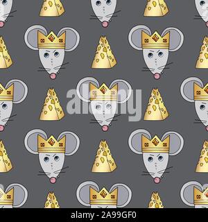 Rat character vector seamless pattern. Mouse animal with cheese and crown texture. Happy New Year symbol of 2020. Hand drawn cartoon cute pets packgro Stock Vector