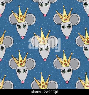 Rat princess character vector seamless pattern. Mouse female animal with crown. Happy New Year symbol of 2020. Hand drawn cartoon cute pets packground Stock Vector