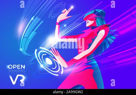 An imagery illustration of a woman wearing VR glasses and experiencing exciting experiences in the virtual world. Stock Vector