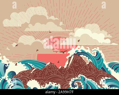 Stylized big waves of ocean or sea at sunset landscape, art poster design. Stock Vector