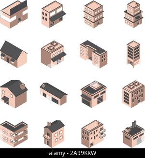 building isometric style icons set vector illustration Stock Vector