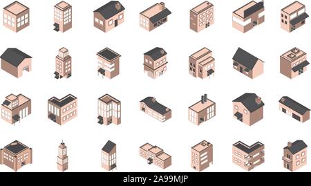 building isometric style icons set vector illustration Stock Vector