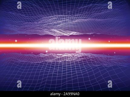 Retro neon background with 80s styled laser grid and stars Stock Vector