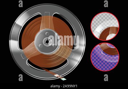 Retro reel with tape for vintage music player or recorder and transparent plastic case Stock Vector