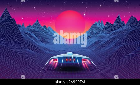 Arcade space ship flying to the sun in blue corridor or canyon landscape with 3D mountains, 80s style synthwave or retrowave scenic view Stock Vector