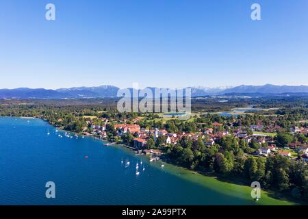 Seeshaupt at Lake Starnberger See with Alpine chain, Funfseenland, aerial view, Upper Bavaria, Bavaria, Germany Stock Photo