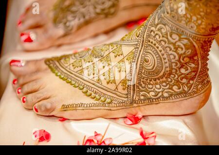Close up of mehendi on foot of a bride, Mauritius Stock Photo