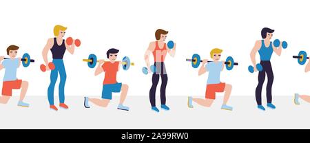 Men weightlifting dumbbells fitness sport seamless vector border. Hand drawn Illustration for gym class, sport event, flyer, fitness studio Stock Vector