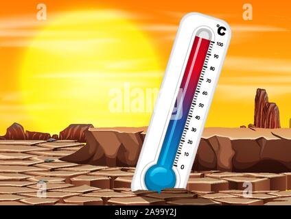 Global warming with thermometer in dry land illustration Stock Vector