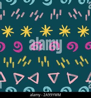 Contemporary abstract doodle vector background. Seamless kids pattern with stars, twirls, triangles in horizontal rows. Abstract geometric shapes hand Stock Vector