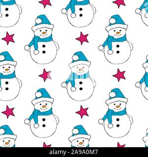 Christmas seamless pattern with snowman, fir trees and snowflakes. Perfect for wallpaper, wrapping paper, pattern fills, winter greetings, web page Stock Vector
