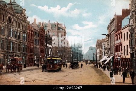 St May Street, Cardiff, Edwardian hand-tinted photographic postcard of the main street in the capital city of Wales Stock Photo