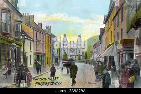 Abergavenny, Frogmore Street, 1905 postcard of the commercial centre and Baptist Church of the mid Wales market town in the Welsh Marches on the River Usk Stock Photo