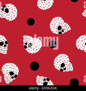 Seamless pattern human skull in hearts and black spots on red background. Scary head bone in love print, dead face wall paper. Valentine day romantic Stock Photo
