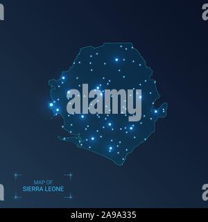 Sierra Leone dotted glowing map. Shape of the country with blue bright ...