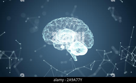 Abstract medical blue glow brain wireframe network and connecting dot in space background. Futuristics science and medical technology concept. Abstrac Stock Photo