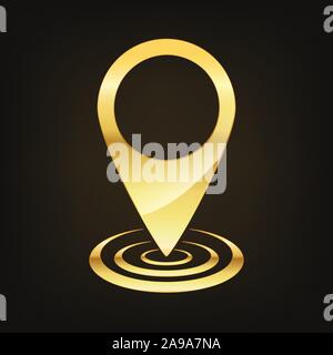 Golden marker location icon. Vector illustration. Golden map pointer isolated on dark background. Stock Vector