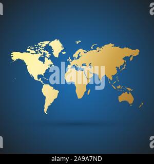 Gold World map with shadow. Vector illustration. Golden map on blue background Stock Vector