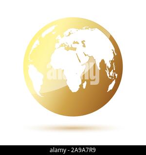 Golden glossy globe Earth icon. Vector illustration. Globe isolated on white background. Stock Vector