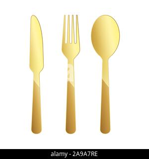 Gold Knife, fork and spoon icon. Vector illustration. Original restaurant symbol on white background. Stock Vector