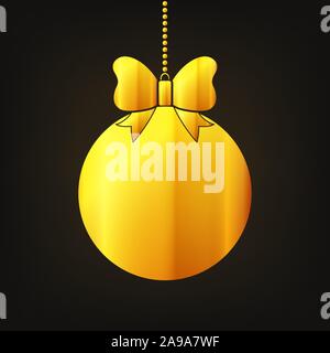 Golden christmas ball icon with bow. Vector illustration. Hanging christmas ball. Stock Vector