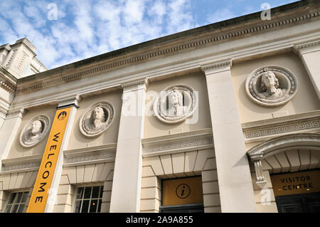 Discover Greenwich Visitor Centre at the Old Royal Naval College Pepys Building featuring roundels of famous naval heroes, Greenwich, London, UK Stock Photo