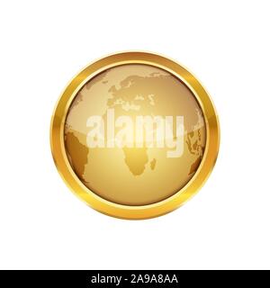 Golden glossy button with globe, isolated on white. Vector illustration. Golden round button. Stock Vector