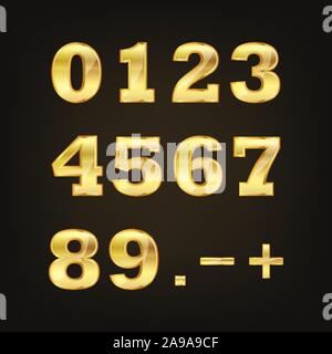 Set of golden numbers. Vector illustration. Golden glossy numbers on black background. Stock Vector