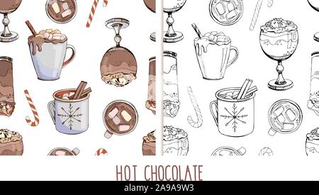 Set of hand drawn vector seamless patterns with hot winter drinks isolated on white background. Christmas candy cane and marshmallow. Hot chocolate. P Stock Vector