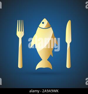 Goldfish icon - restaurant symbol. Vector illustration. Golden fish and fork with knife on blue background Stock Vector