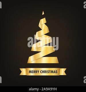 Golden Christmas tree on dark background. Vector illustration. Christmas tree made of golden ribbon Stock Vector