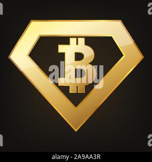 Golden Bitcoin currency. Vector illustration. Bitcoin as cryptocurrency symbol, isolated on dark background Stock Vector