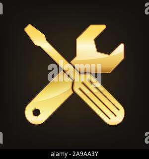 Golden wrench and screwdriver icon. Vector illustration. Settings tools icon on dark background Stock Vector