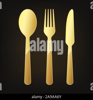 Gold Knife, fork and spoon icon. Vector illustration. Original restaurant symbol on dark background. Stock Vector